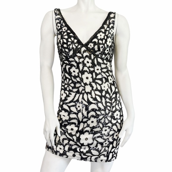 AIDAN MATTOX Black White Silk Floral Sequin Cocktail Tank Mini Dress - Picture 1 of 6